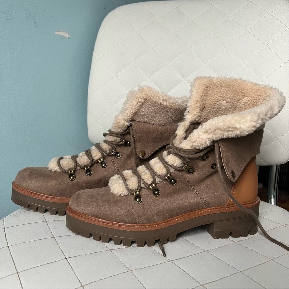 Brown suede and cream sherpa booties